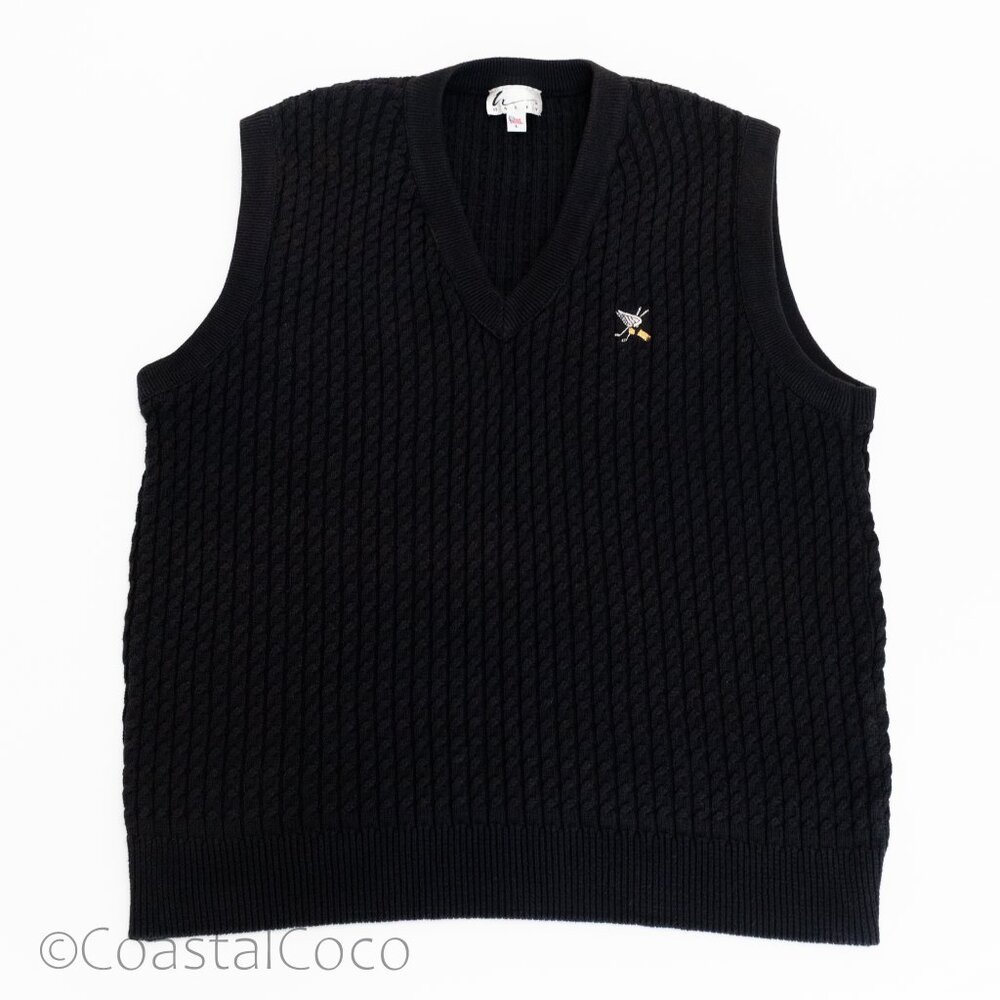 Vintage 80s/90s Haley Black Cable Knit Sweater Vest L USA Made V-neck Golf